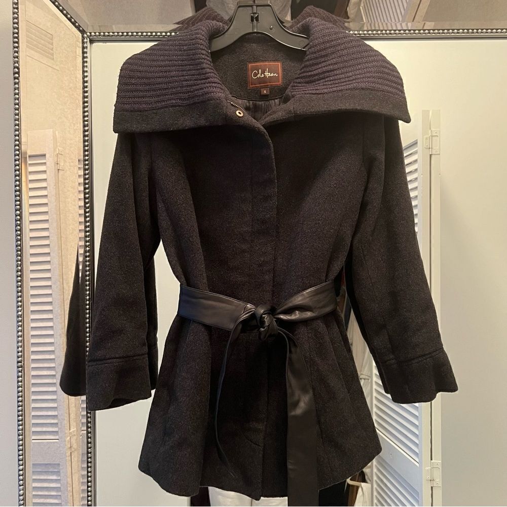 Cole Haan Wool Leather Belted Peacoat Coat w/ Oversized Collar Detail | 6